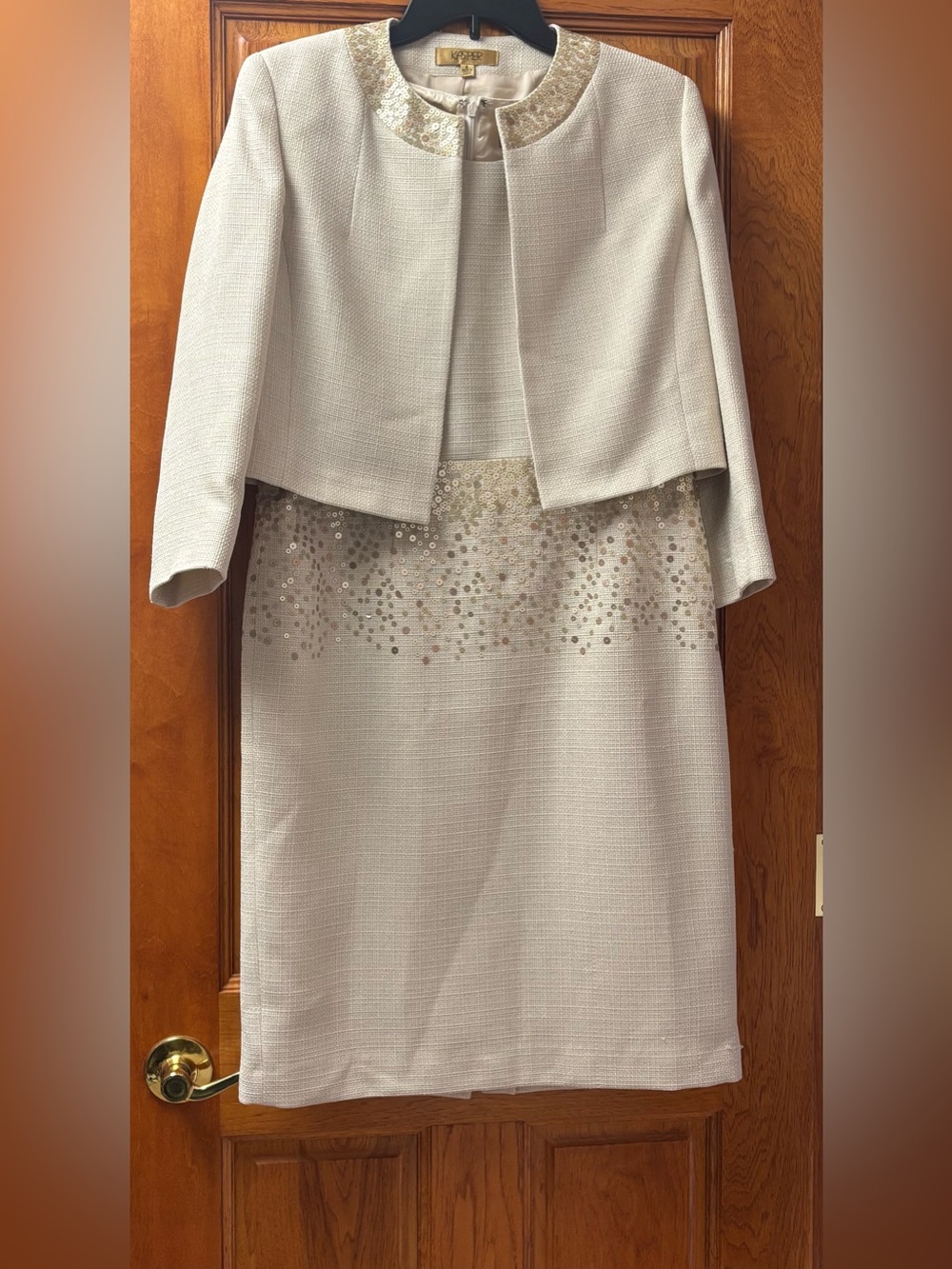 Kasper Women's Cream Embellished Sequined Jacket & Dress Set Sz 8